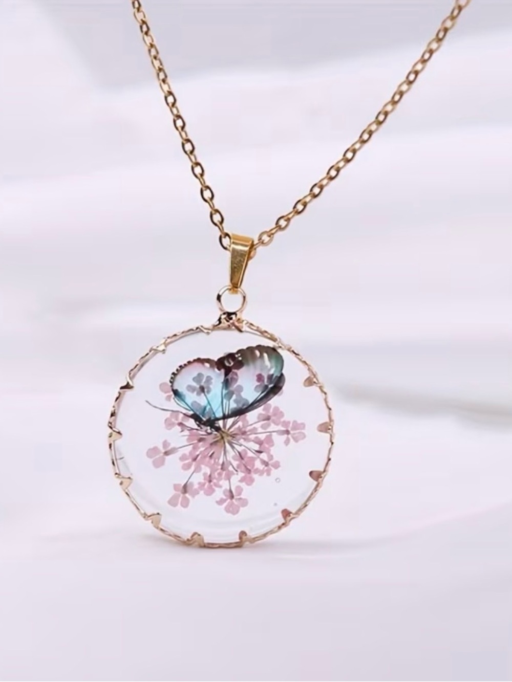 Gold Necklace with Pressed Blue Butterfly and Pink Flower Pendant
